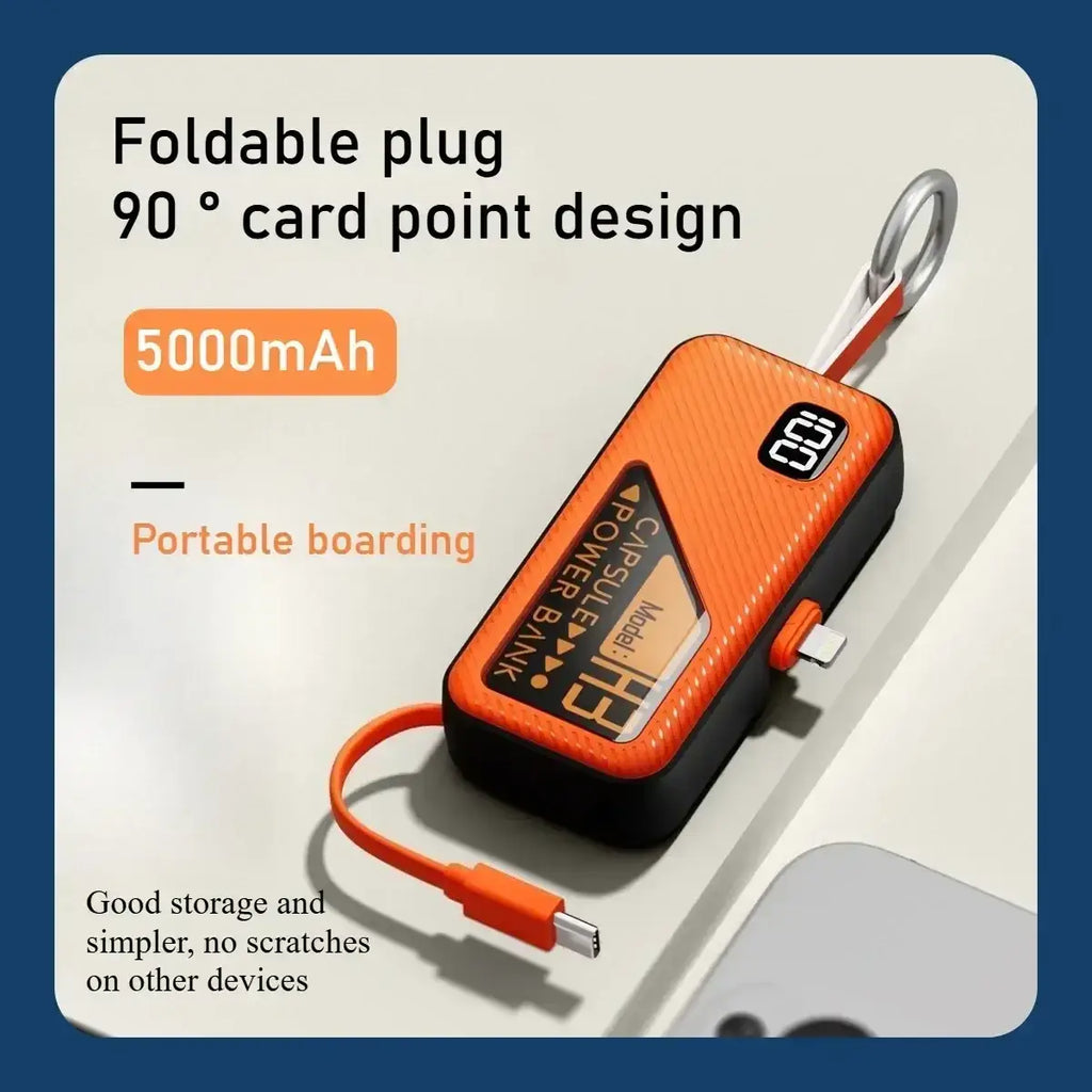 Orange and black foldable portable power bank with 90-degree card point design digital display and usb-c fast charger