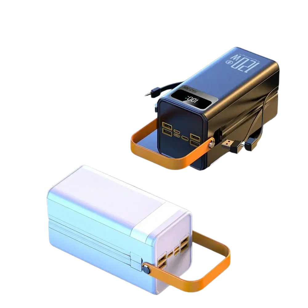 Black and white portable power bank 60000mah 120w fast charging with orange handle digital display micro input 5v2a multiple usb ports