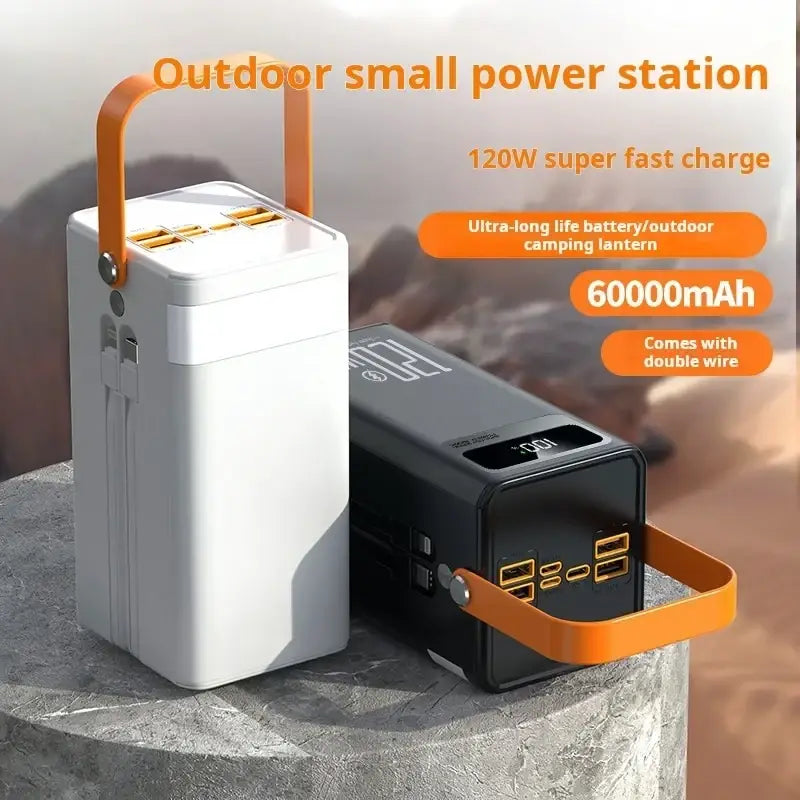 Portable power bank 60000mah 120w fast charging white and black outdoor power stations with orange handles and multiple usb ports 5v2a micro input