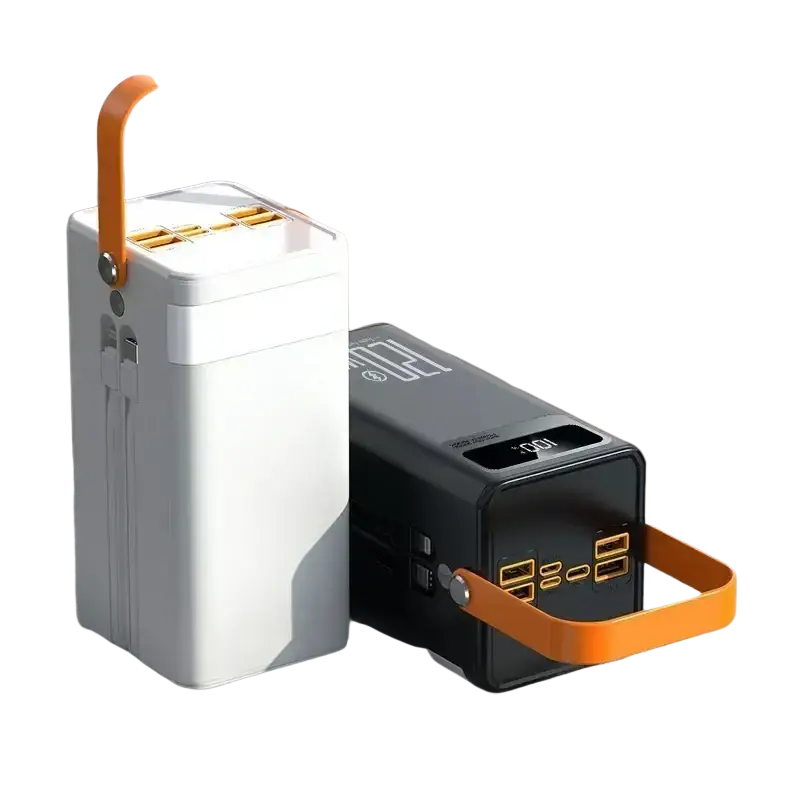 Portable power bank 60000mah 120w fast charging white and black outdoor power stations with orange handles and micro input 5v2a ports