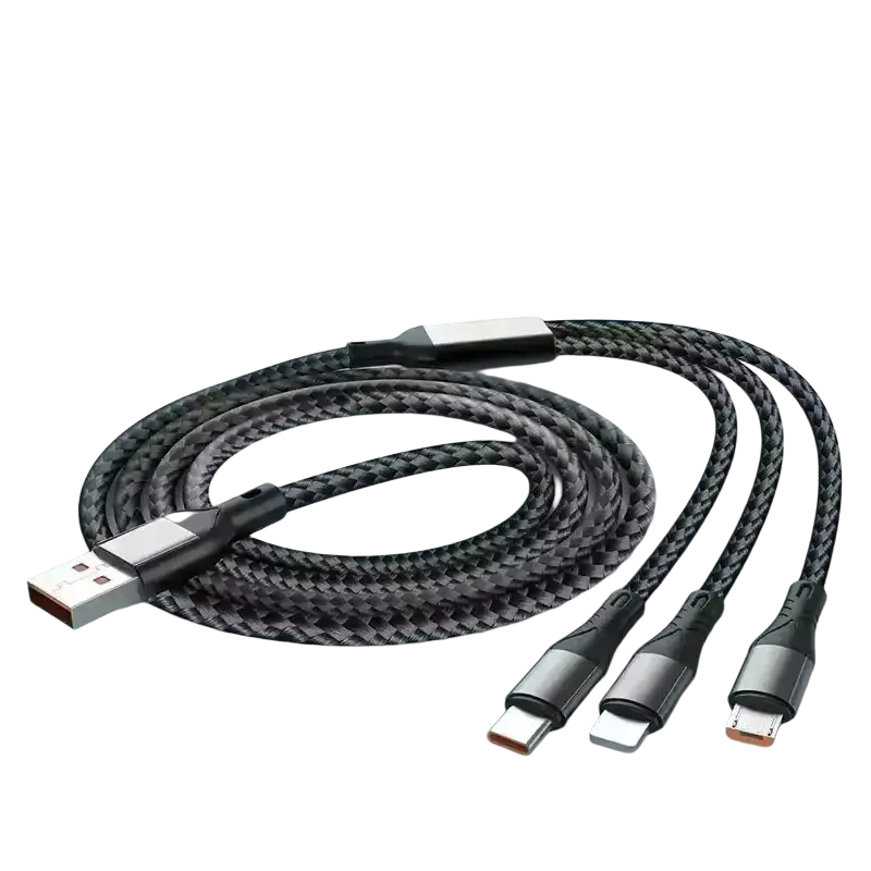Black braided usb charging cable with three connectors for super fast 66w charge for portable power bank with digital display