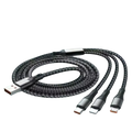 Black braided usb charging cable with three connectors for super fast 66w charge for portable power bank with digital display