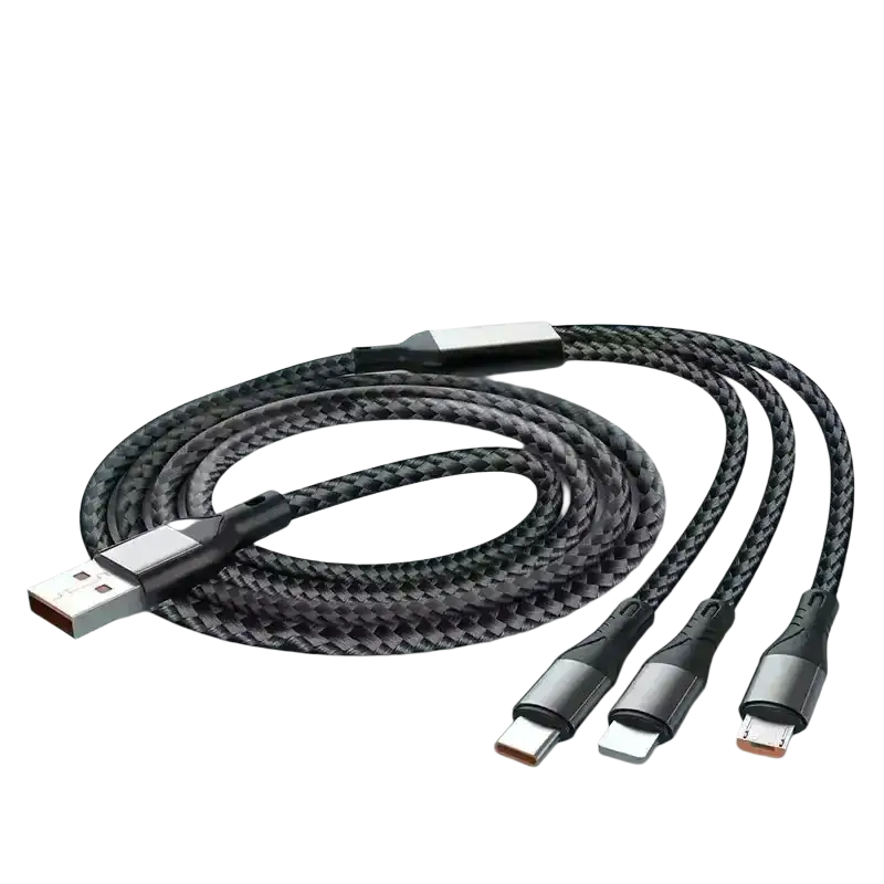 Black braided usb charging cable with usb-a and triple connectors for type-c lightning and micro-usb for portable power bank with digital display