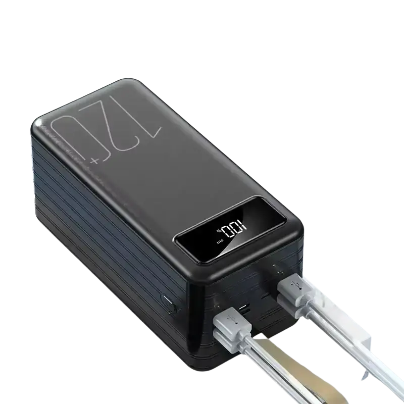 Portable power bank in black with digital display showing 100 percent charge and multiple usb ports for charging