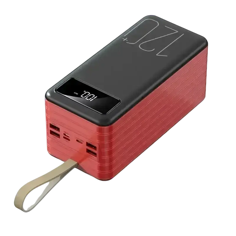 Portable power bank with digital display, red textured body, 120+ watt-hour capacity, multiple usb ports, and beige wrist strap