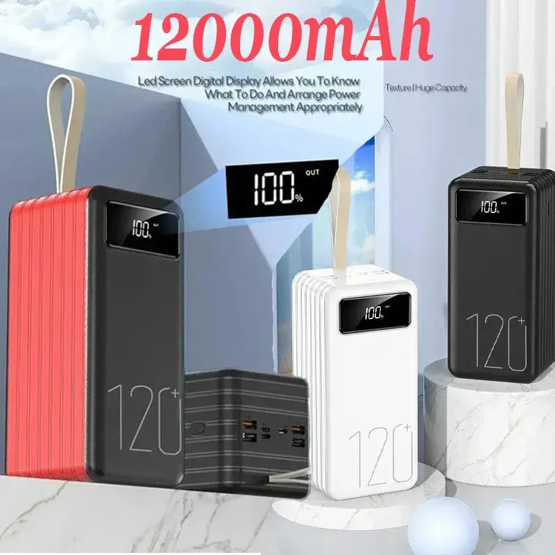 Red and black portable power bank with 12000mah battery and digital display on a sleek ribbed design showing 100% out
