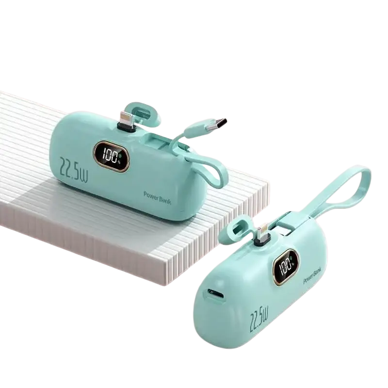 Mint green vivo portable power bank with 22.5w fast charging digital display and built-in charging cable battery type