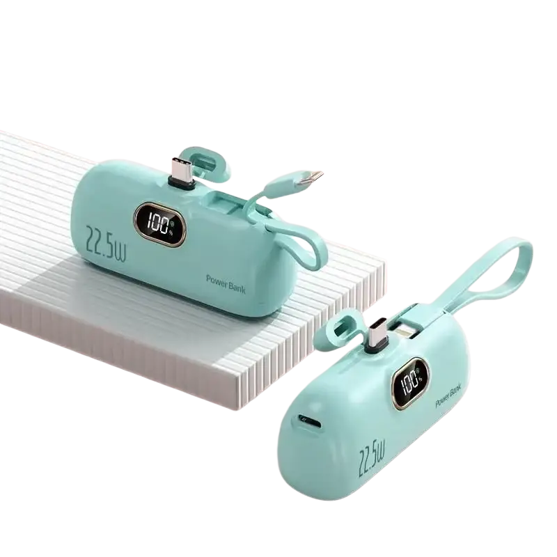 Mint green vivo portable power bank with 22.5w fast charging, built-in usb-c cable, and digital display battery type