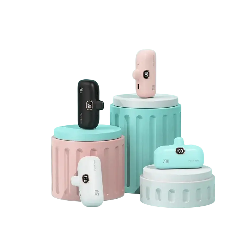 Pink sleek portable power bank with digital display and built-in cables for fast charging usb devices