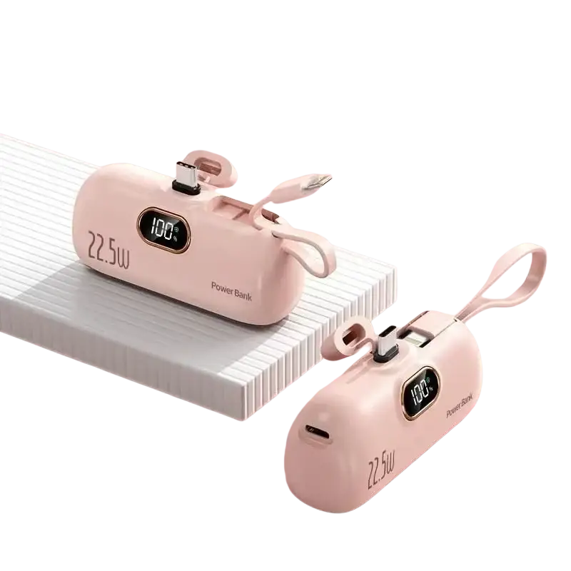 Pink vivo 22.5w portable power bank with digital display and built-in charging cable for fast charging battery type