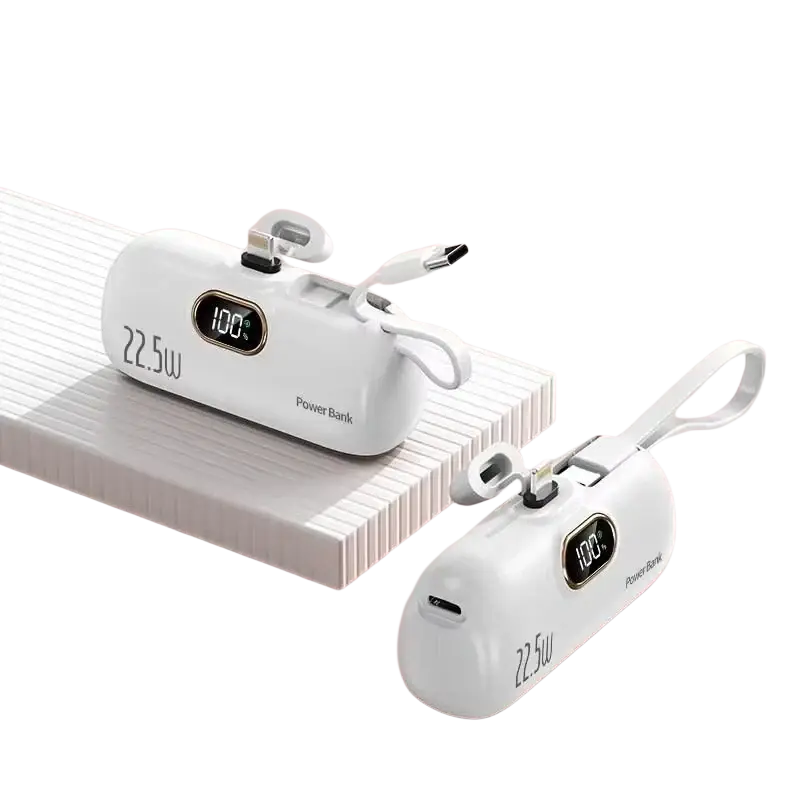 White vivo 22.5w portable power bank with digital display and built-in charging cables for fast charging
