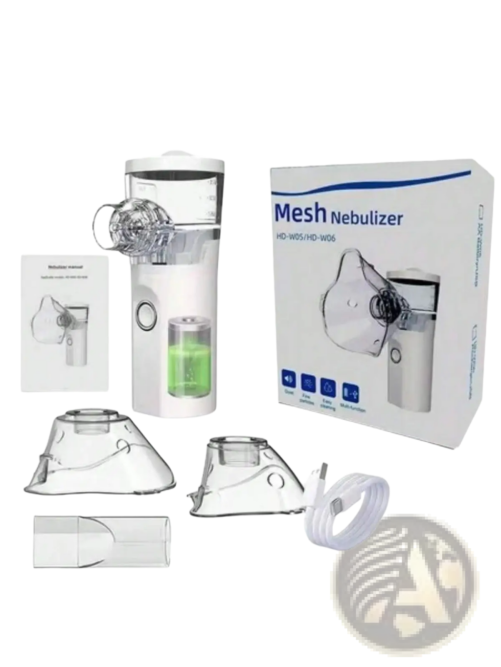 White hd-w06 portable rechargeable mesh nebulizer with clear plastic components and green liquid reservoir for facial hydration