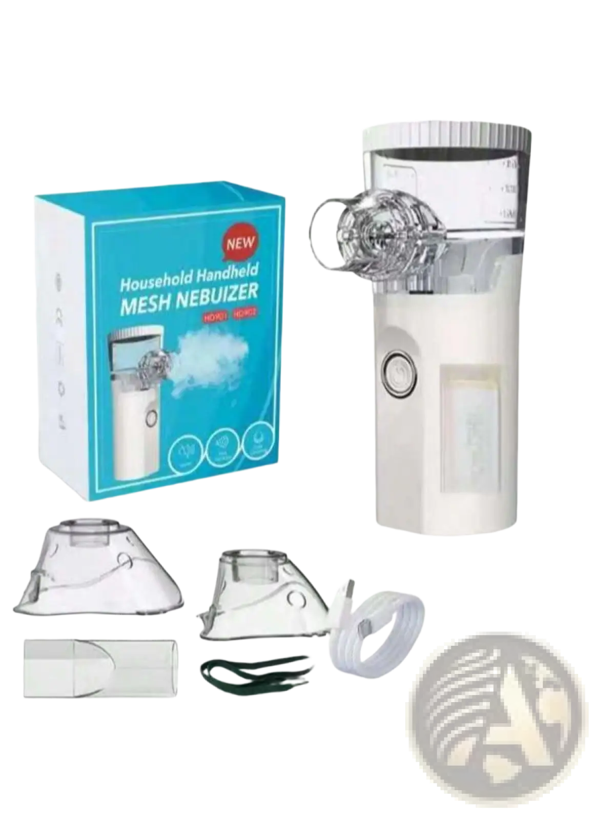 White handheld mesh portable rechargeable nano mist facial hydration nebulizer with clear glass and transparent liquid reservoir