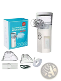 White handheld mesh nebulizer with clear glass components and transparent liquid reservoir for portable facial hydration