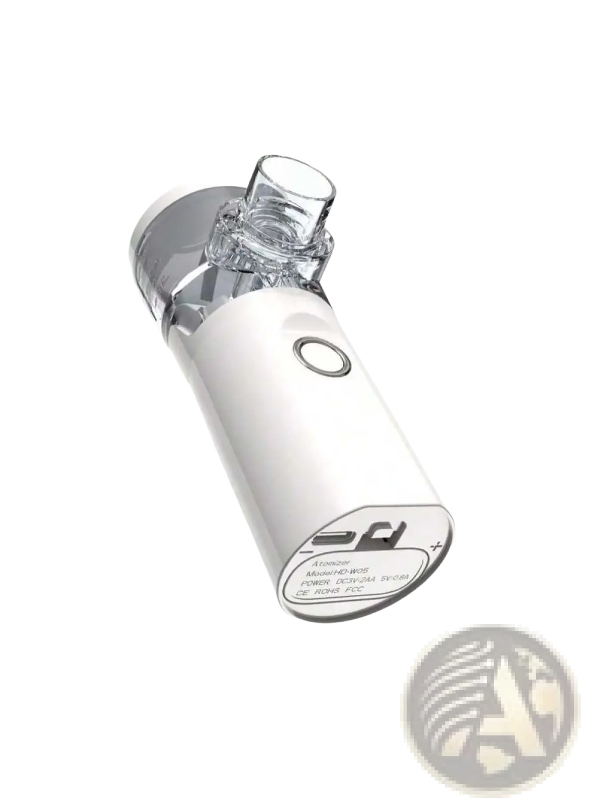 White handheld portable rechargeable nano mist facial hydration nebulizer with clear glass mouthpiece and silver accents
