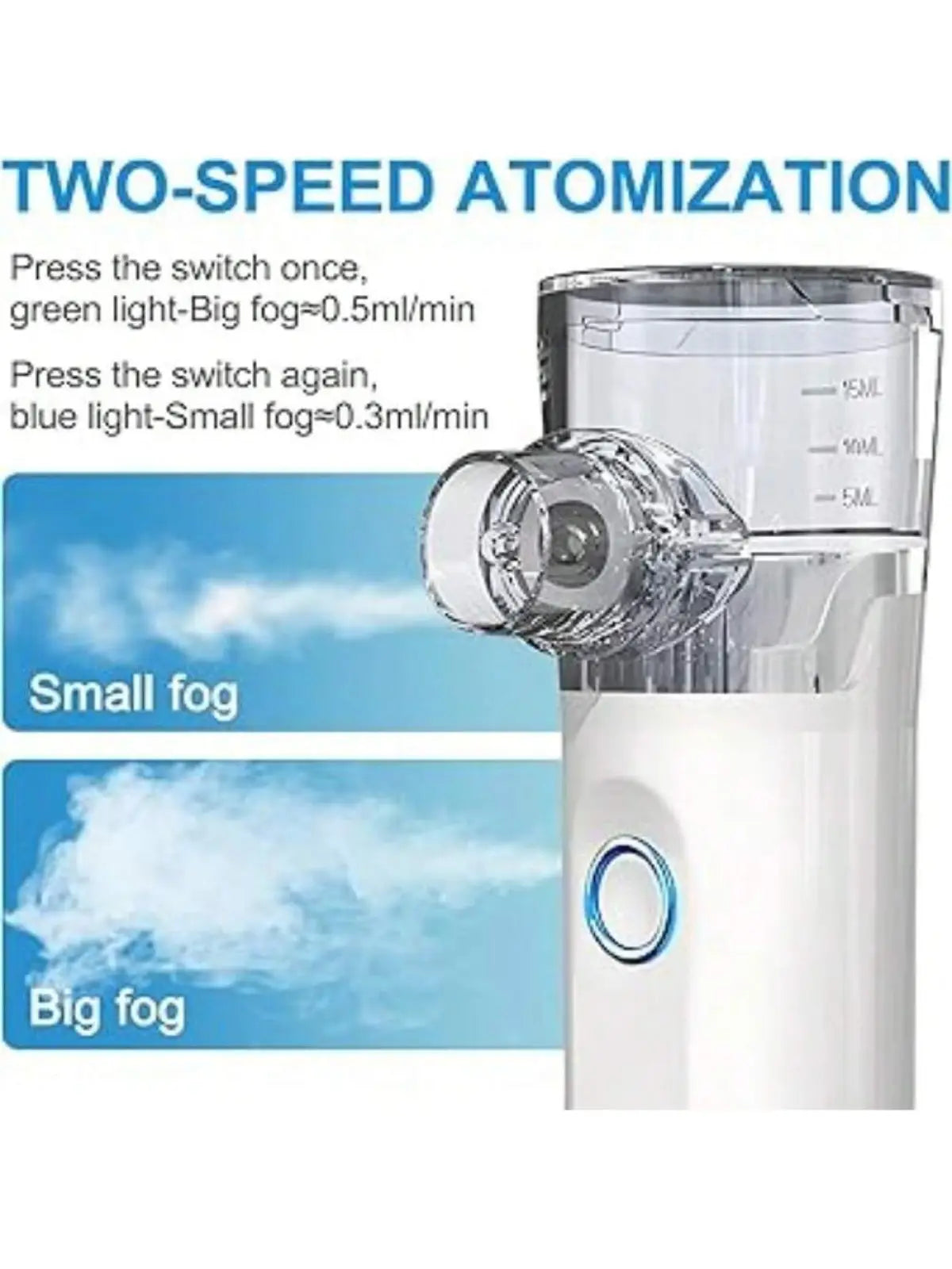 Portable rechargeable nano mist facial hydration nebulizer in white with transparent chamber and blue-lit power button