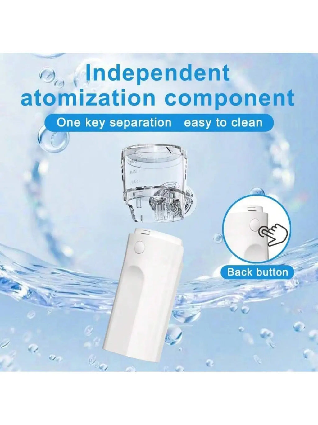 White plastic portable rechargeable nano mist facial hydration nebulizer with transparent atomization component and back button