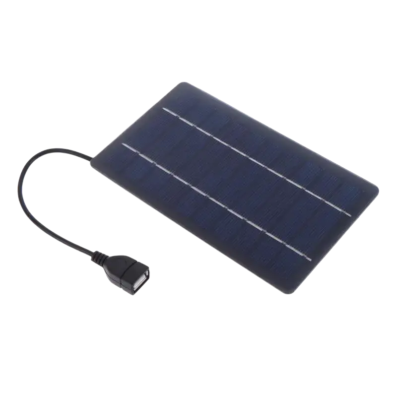 Dark blue rectangular portable solar panel with black usb charging cable for outdoor charging panel to stay connected