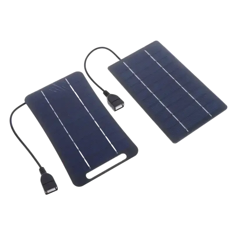 Two dark blue portable solar panels with usb cables for outdoor charging and hiking use