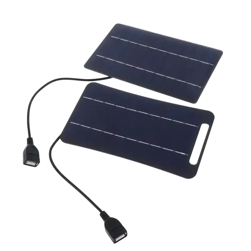 Black solar panel usb charging pads with integrated cables for portable use to stay connected while hiking