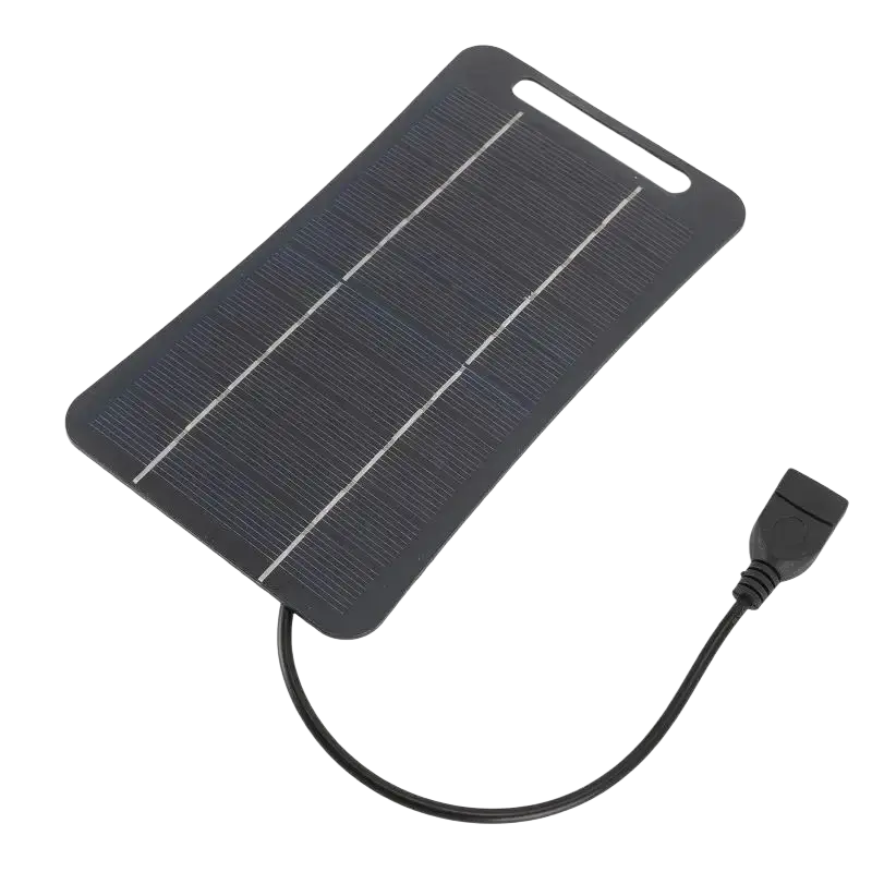 Black rectangular portable solar panel charging panel with usb cable for hiking to stay connected outdoors