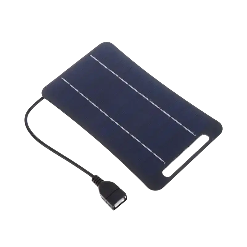 Dark blue rectangular solar panel usb charging panel with three white conductive lines and black cable for hiking to stay connected
