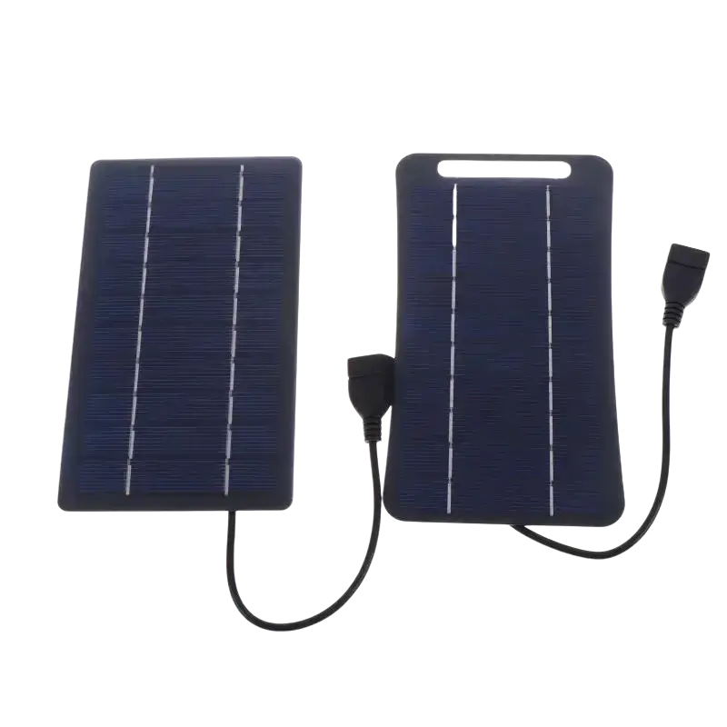 Dark blue rectangular portable solar panel with white grid lines and black usb cables for hiking charging panel to stay connected