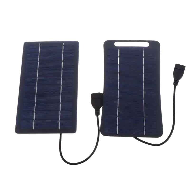 Two dark blue portable solar panel charging panels with black usb cables to stay connected while hiking