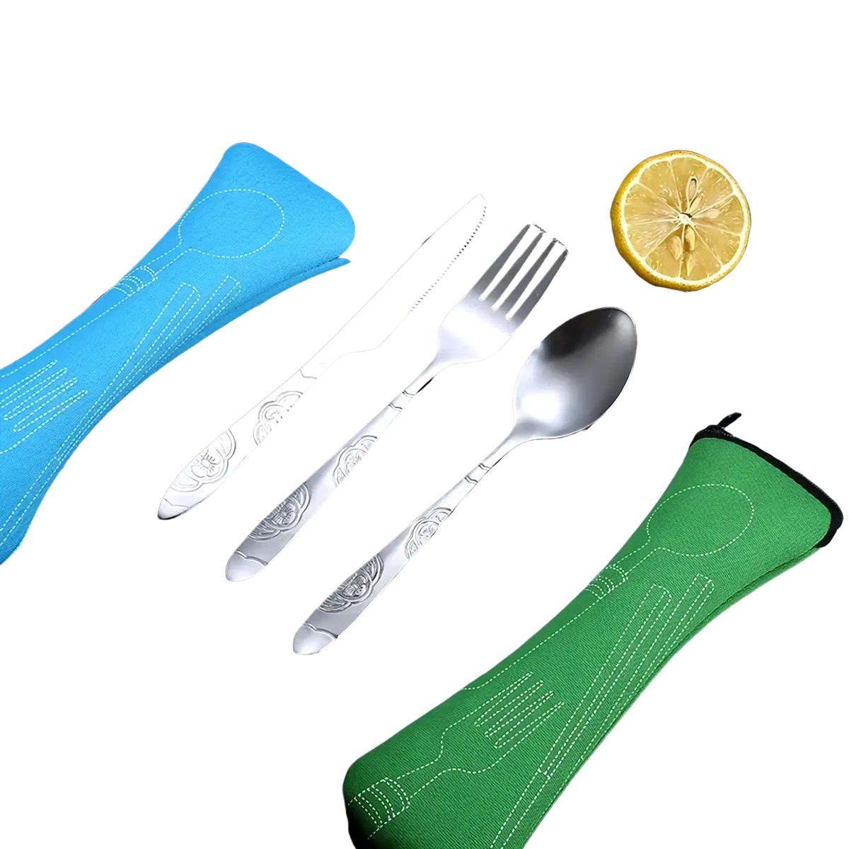 Portable stainless steel cutlery set with engraved handles displayed in colorful fabric sheaths for easy transport