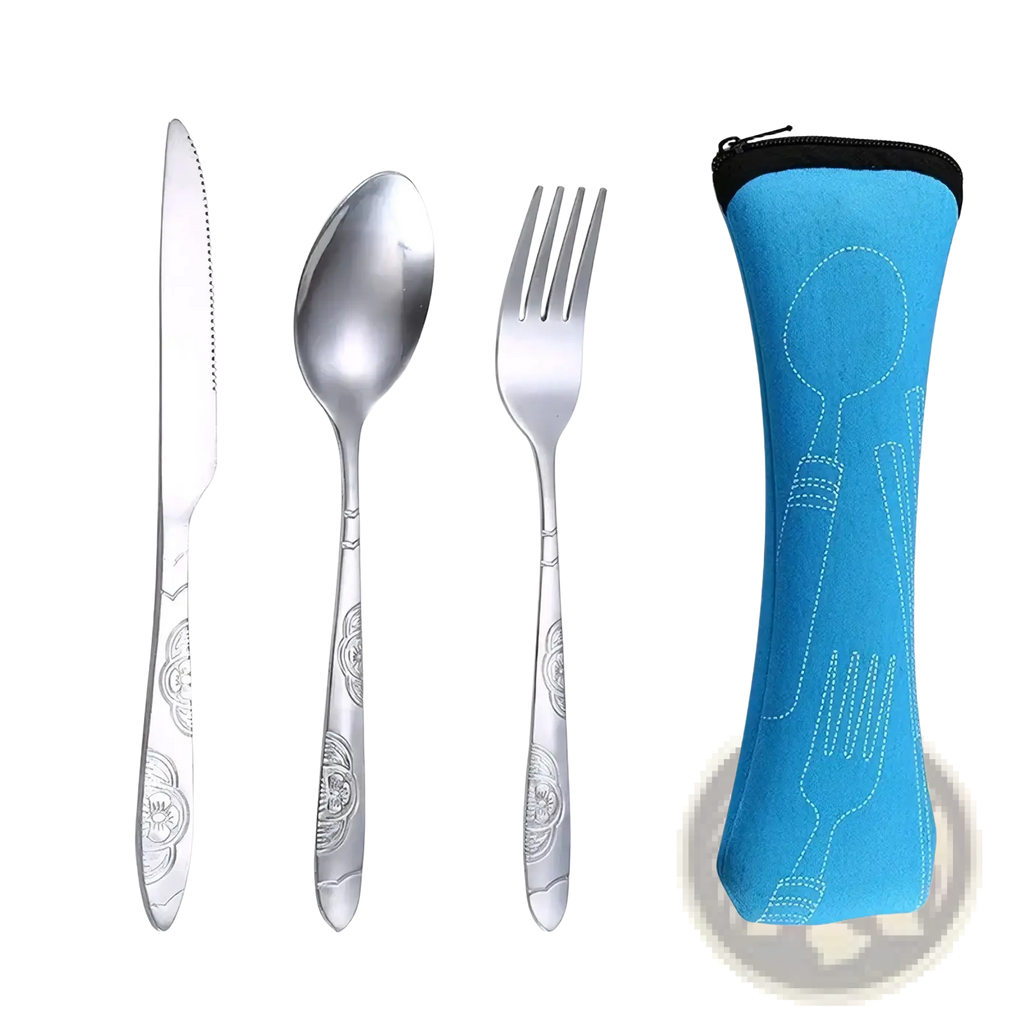 Portable stainless steel cutlery set with silver floral engraved handles and bright blue neoprene carrying case