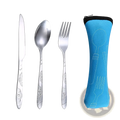 Portable stainless steel cutlery set with silver floral engraved handles and bright blue neoprene carrying case