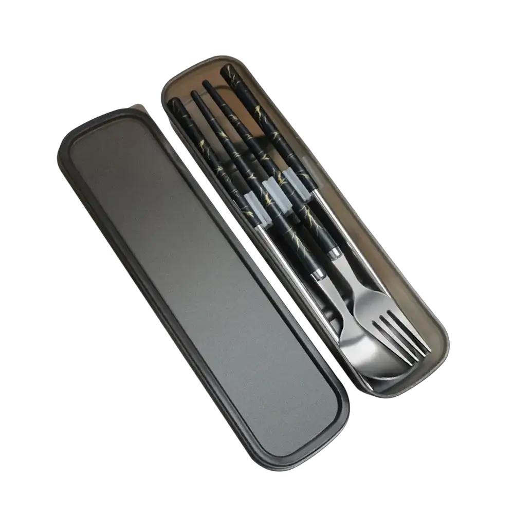 Portable stainless steel cutlery set with case featuring black and gold patterned chopsticks and a stainless steel fork