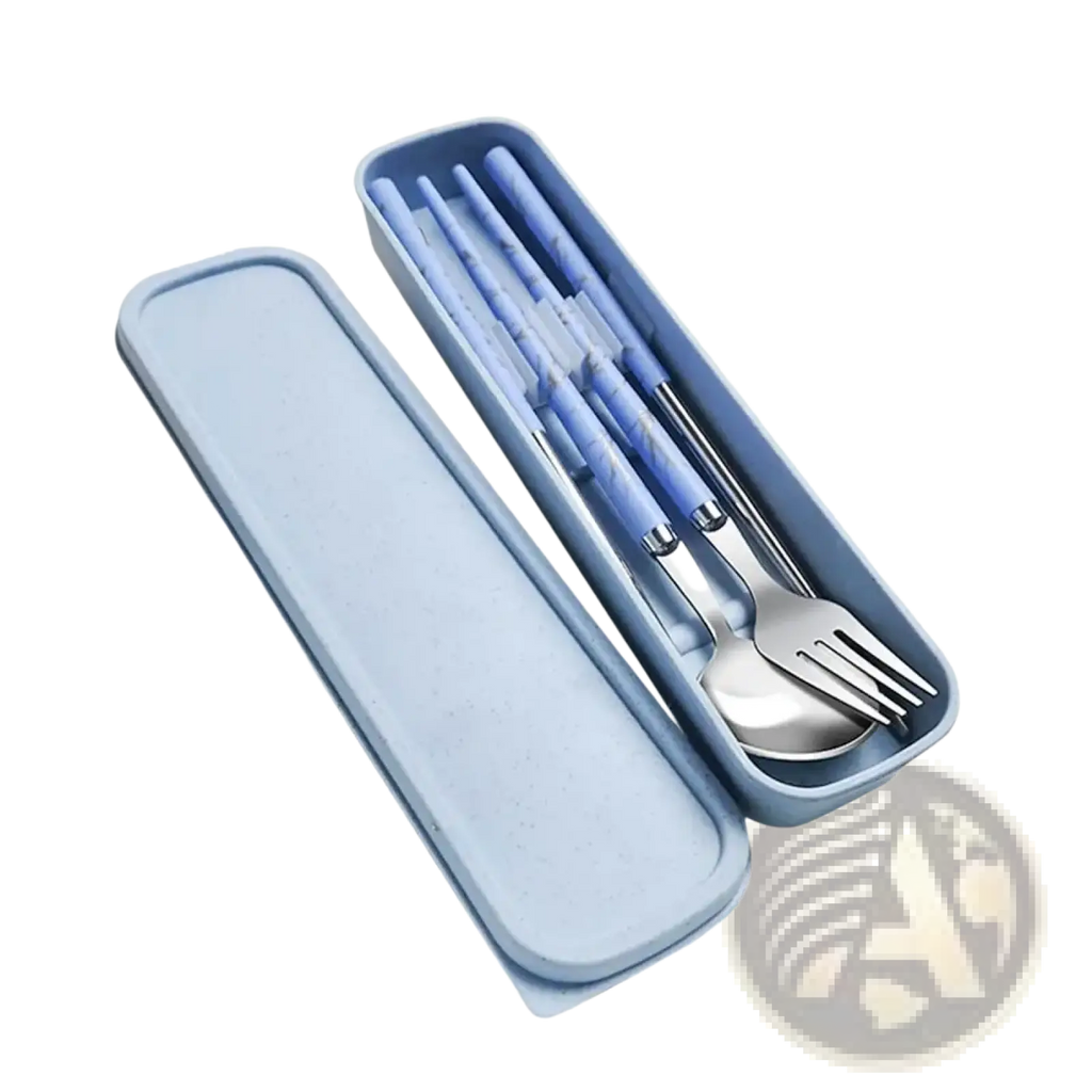 Light blue rectangular case containing a portable stainless steel cutlery set with marble patterned handles