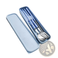 Light blue rectangular case containing a portable stainless steel cutlery set with marble patterned handles