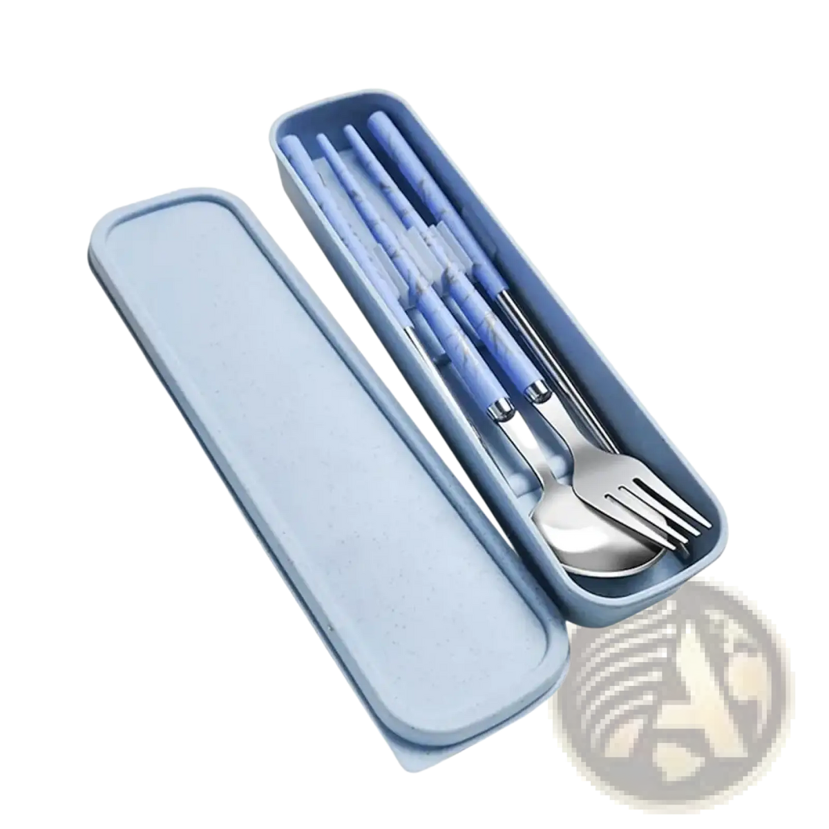 Light blue rectangular case containing a portable stainless steel cutlery set with marble patterned handles