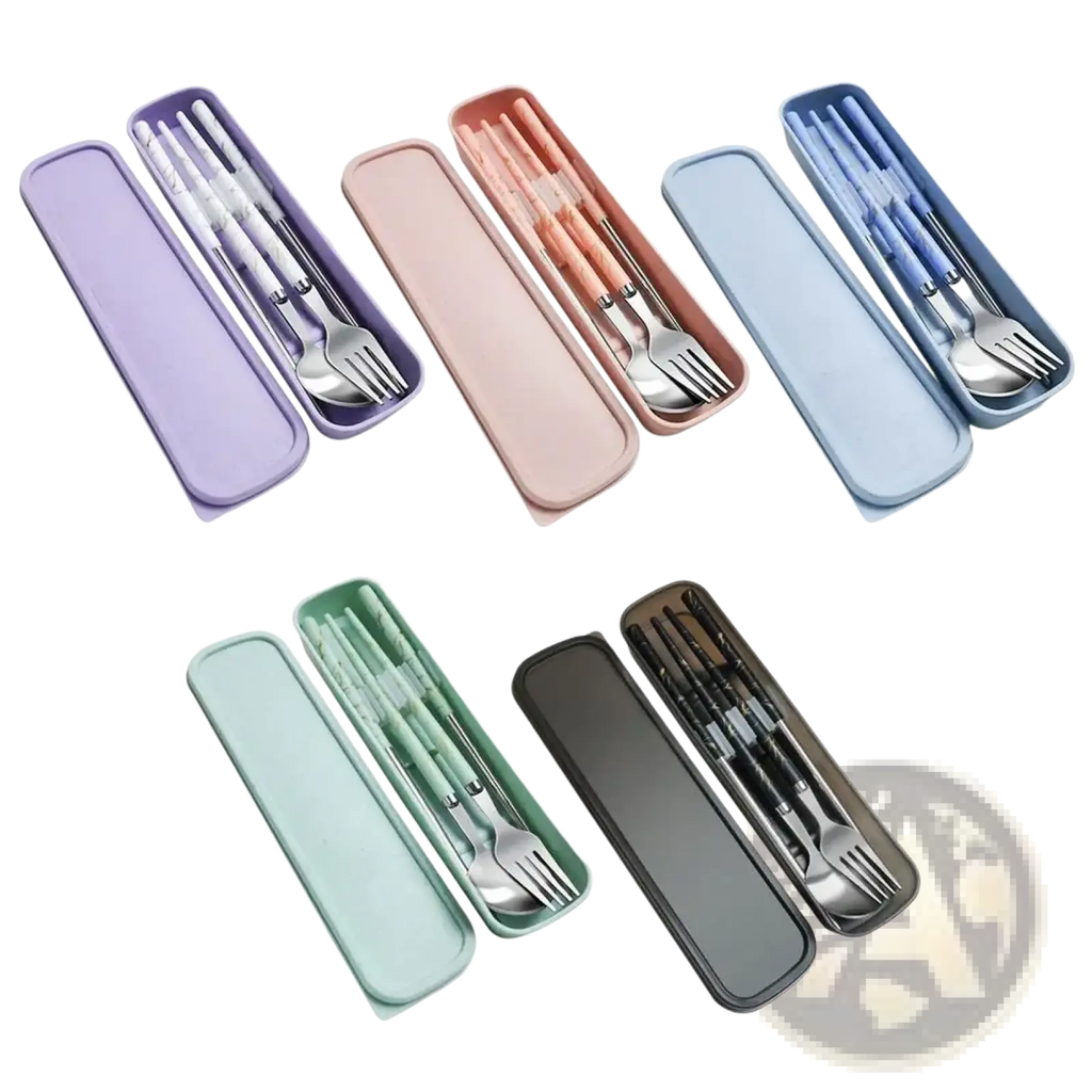 Portable stainless steel cutlery set featuring foldable utensils in a sleek pastel-colored plastic case