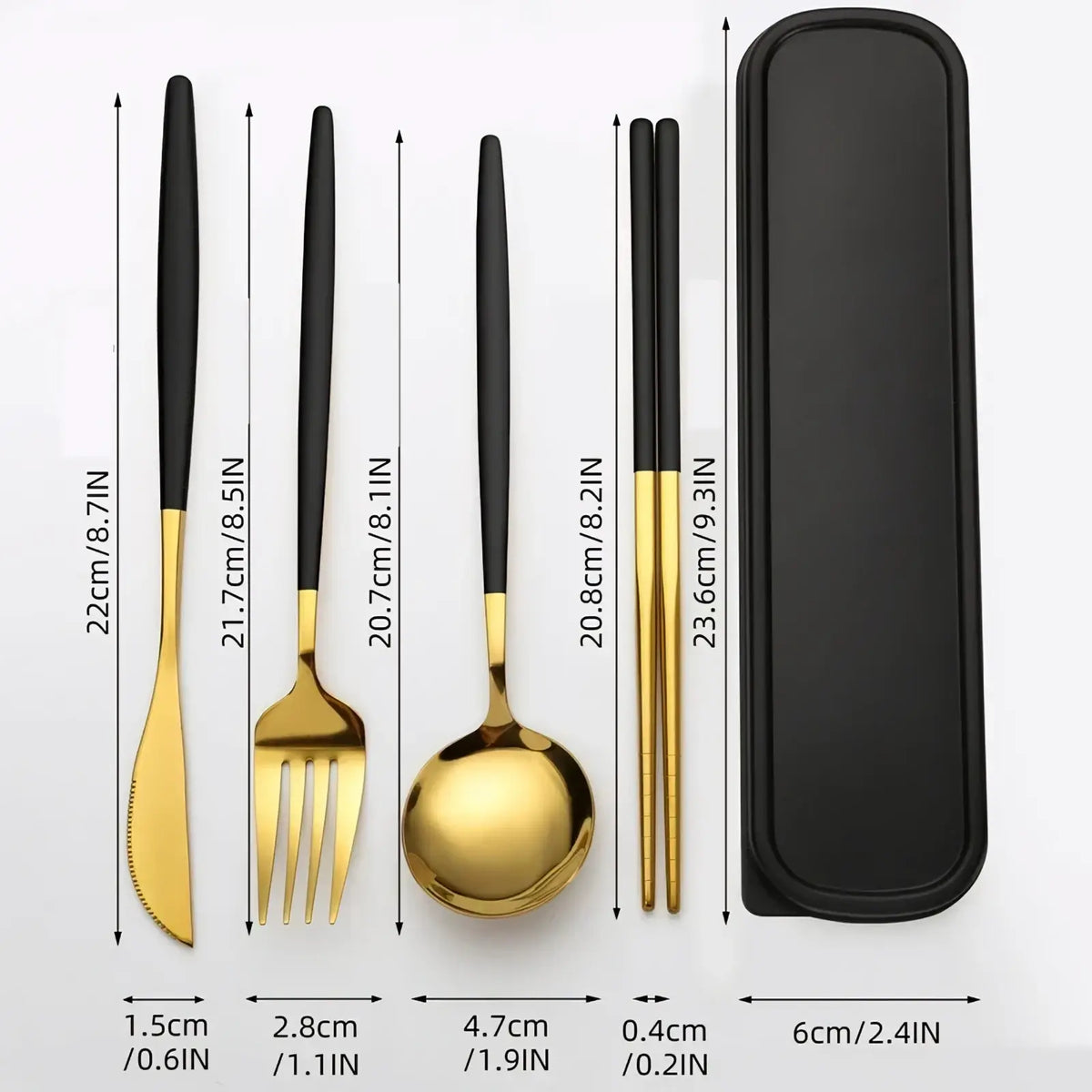 Portable stainless steel cutlery set with gold and black finish and matching case for travel use