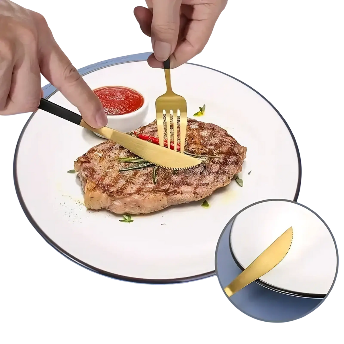 Portable stainless steel cutlery set with gold-finished blades and black handles used to serve grilled meat