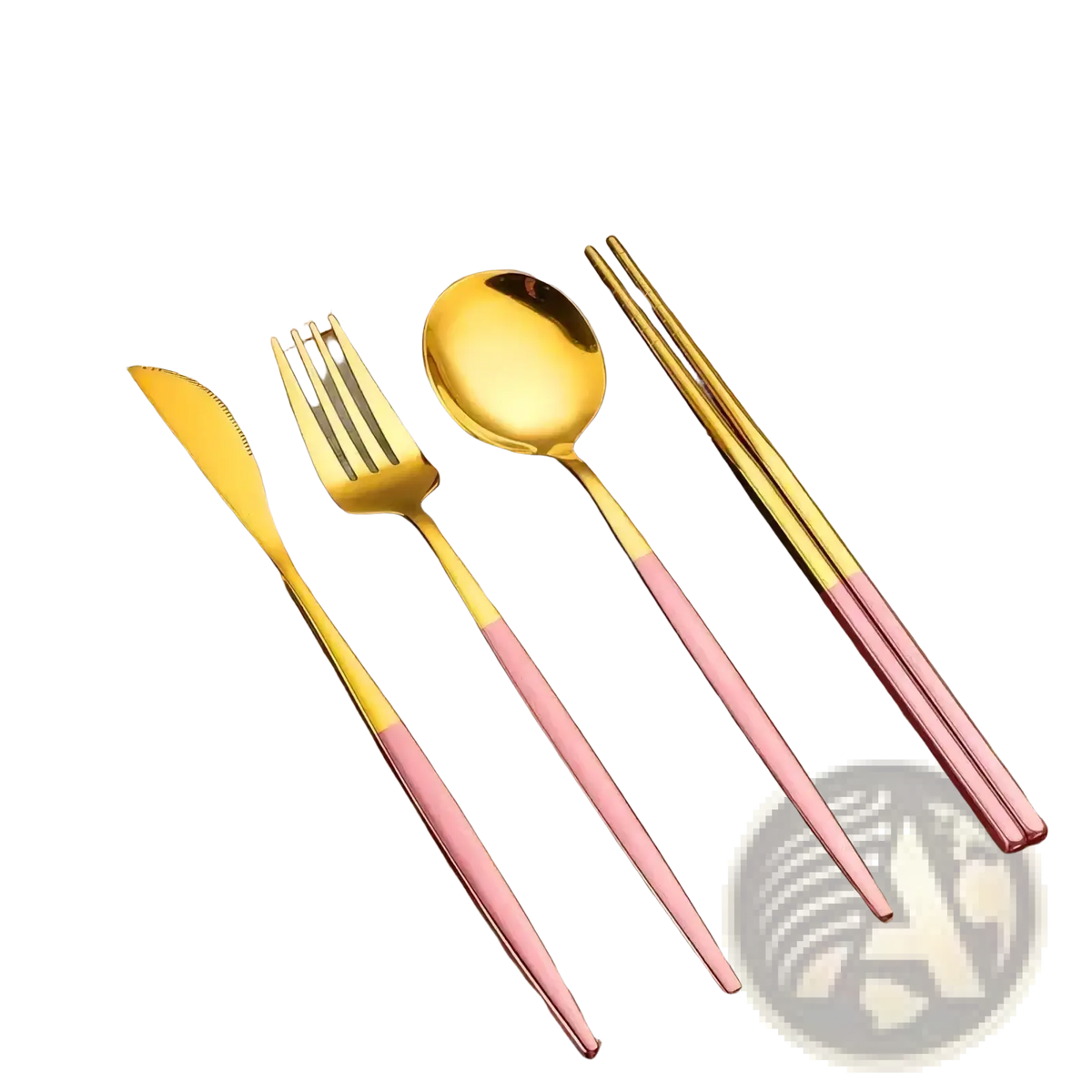 Portable stainless steel cutlery set with case featuring gold and rose gold two-tone sleek modern design