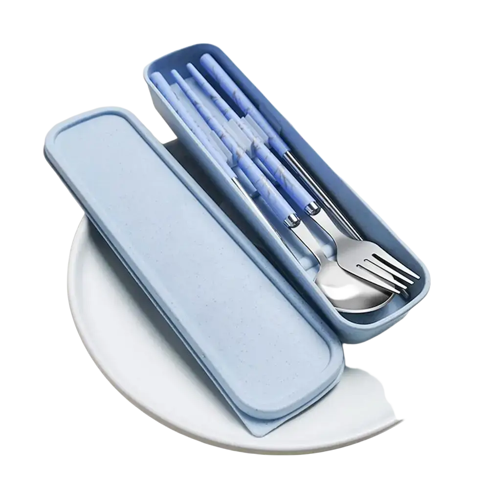 Portable stainless steel cutlery set with light blue case marble-patterned chopsticks and stainless steel fork and spoon