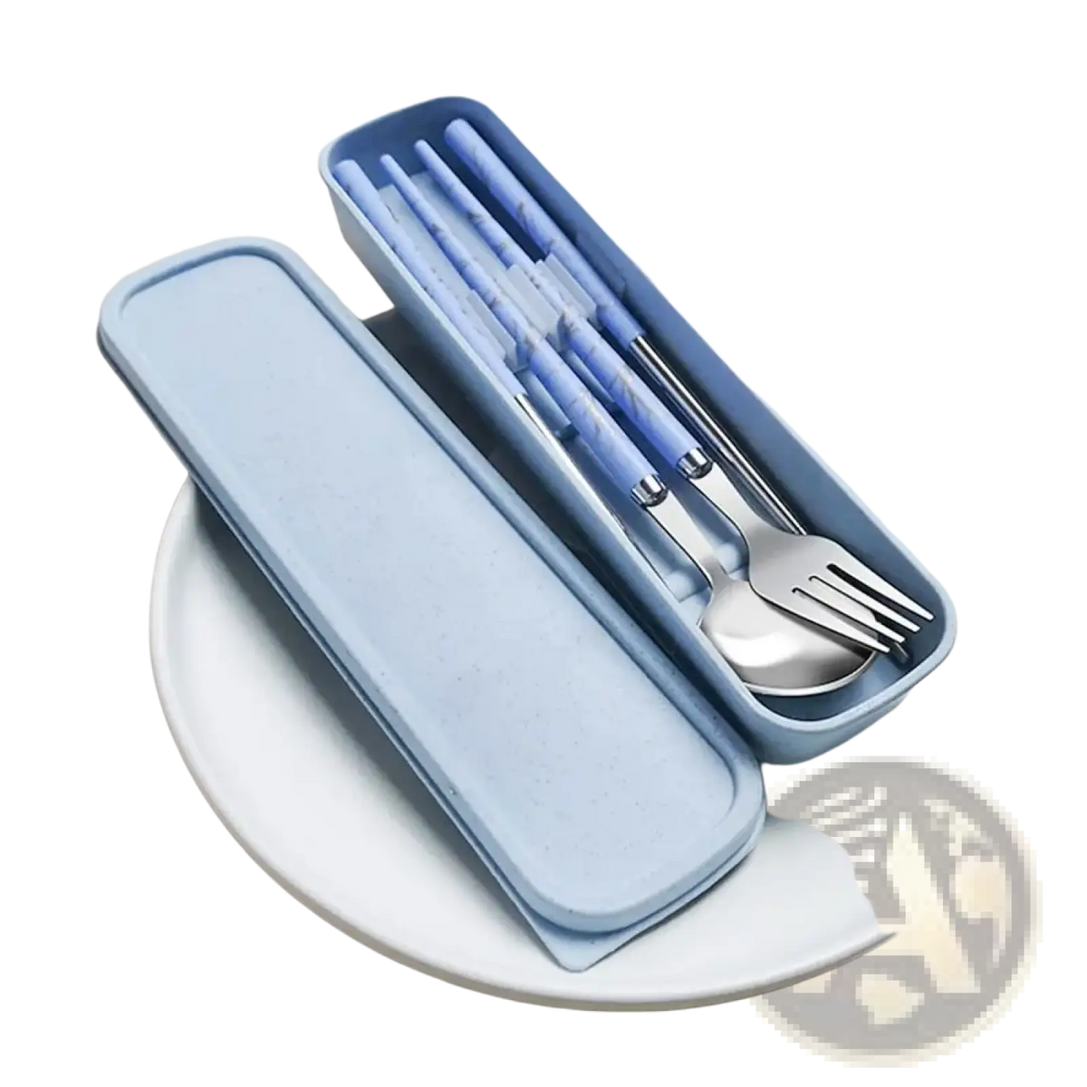 Portable stainless steel cutlery set with light blue case marble-patterned chopsticks and stainless steel fork and spoon