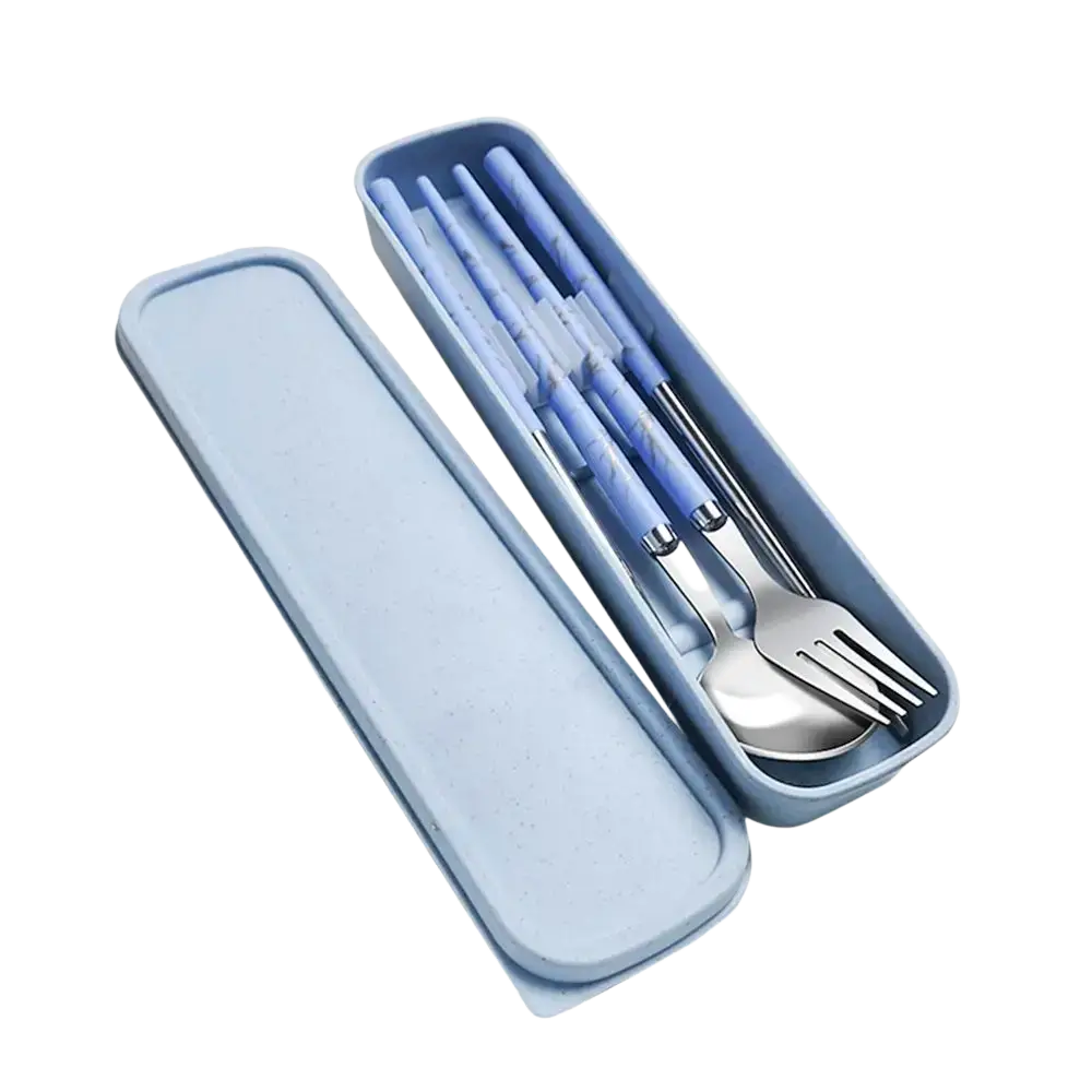 Light blue rectangular case containing a portable stainless steel cutlery set with marble patterned handles
