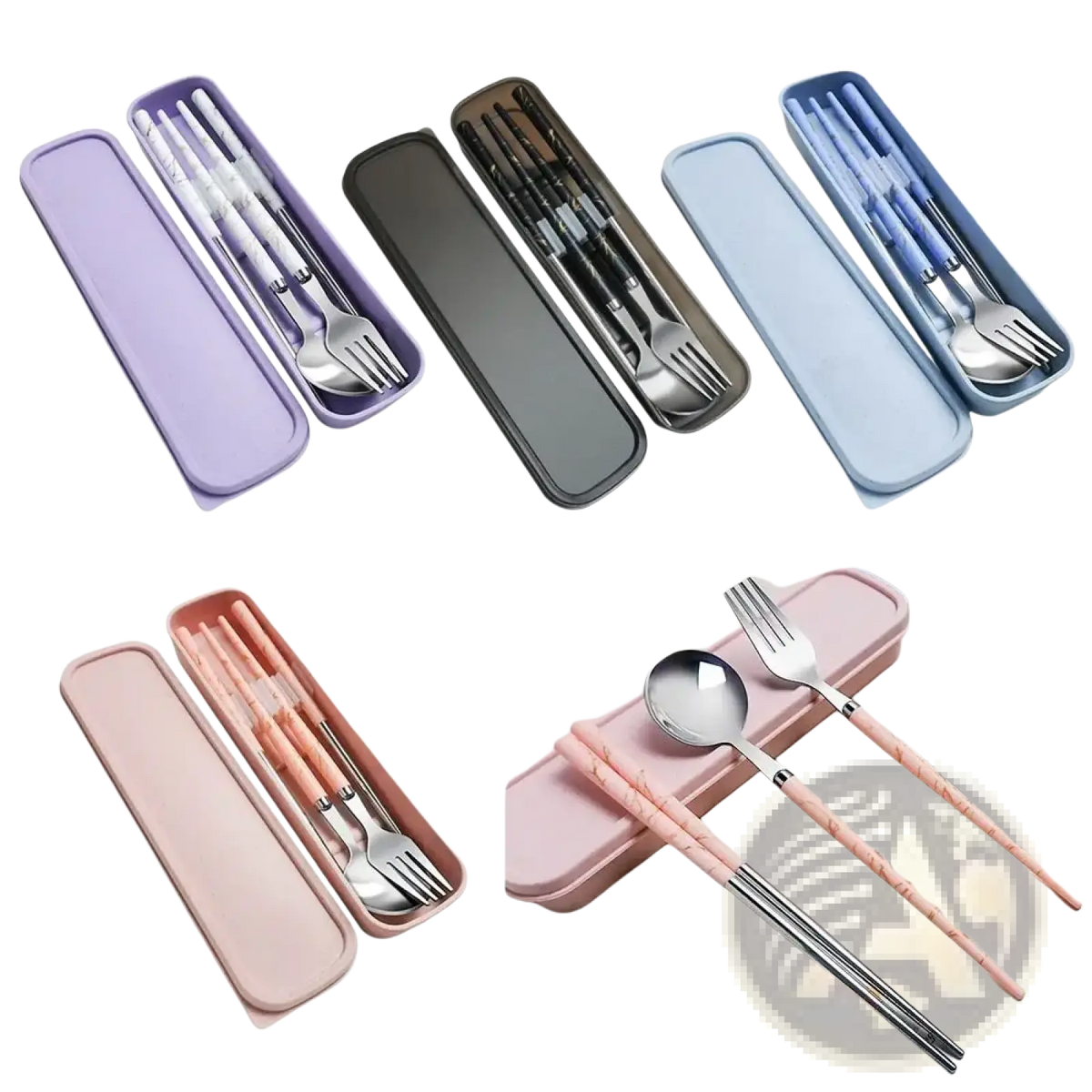 Portable stainless steel cutlery set with pastel pink marble-patterned chopsticks and matching case