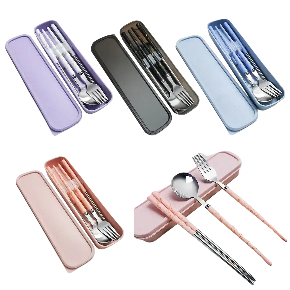 Portable stainless steel cutlery set with pastel pink marble-patterned chopsticks and matching case
