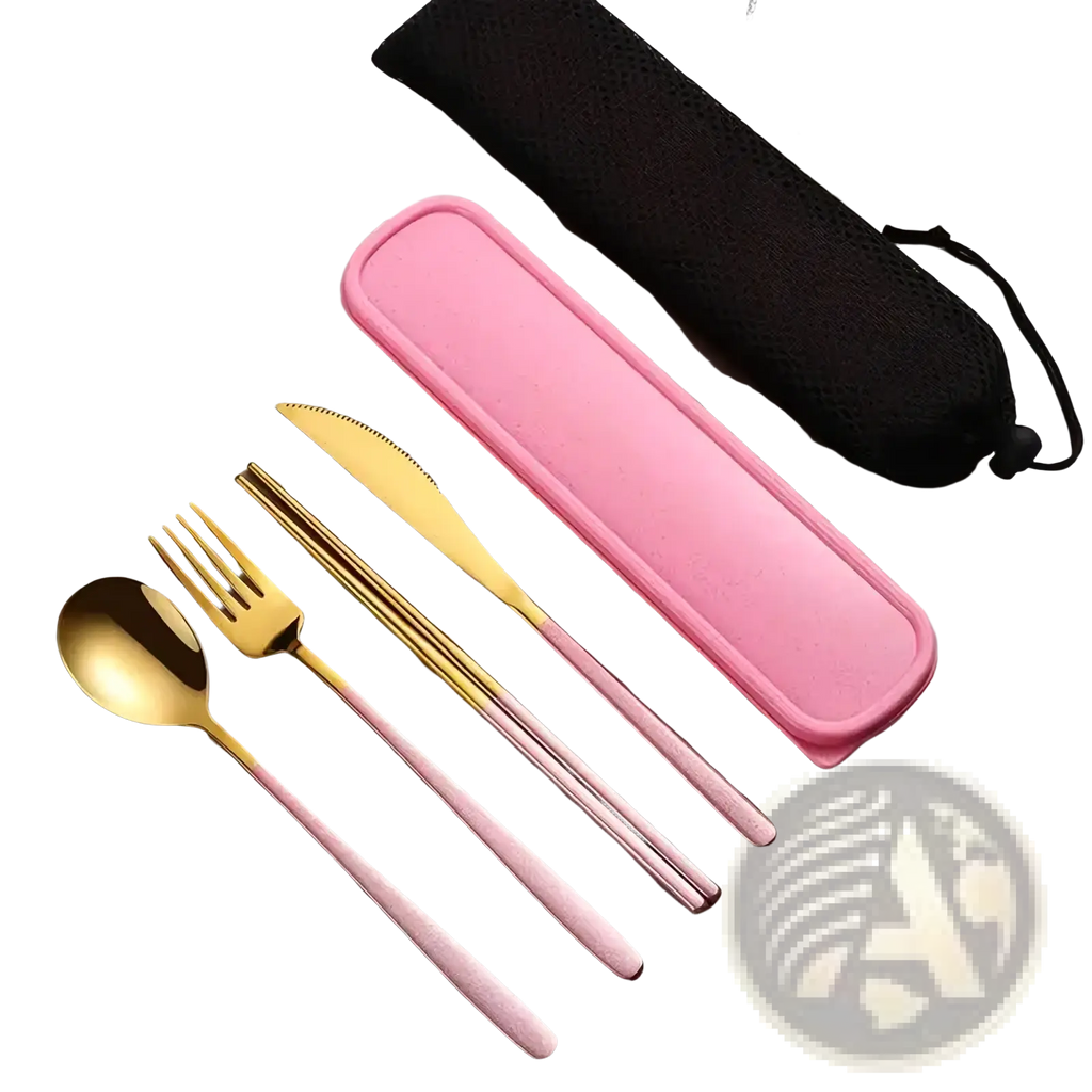 Portable stainless steel cutlery set with pink and gold utensils and matching pink silicone case for travel use