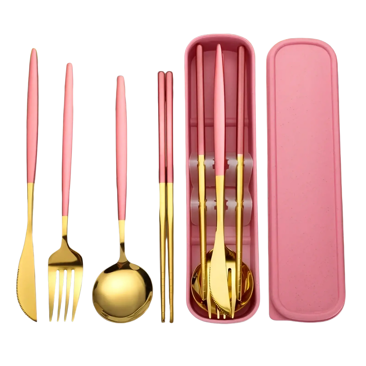 Portable stainless steel cutlery set with pink and gold utensils and matching pink case for easy transport