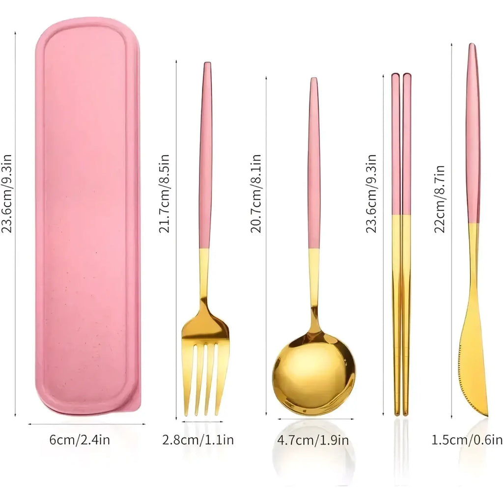 Portable stainless steel travel cutlery set in pink and gold with a matching pink silicone carrying case