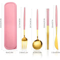 Portable stainless steel travel cutlery set in pink and gold with a matching pink silicone carrying case