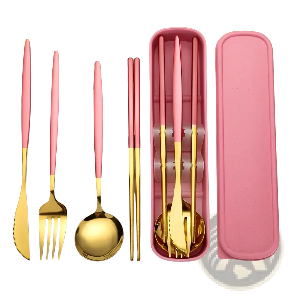 Portable stainless steel cutlery set with pink and gold utensils and matching pink case for easy transport