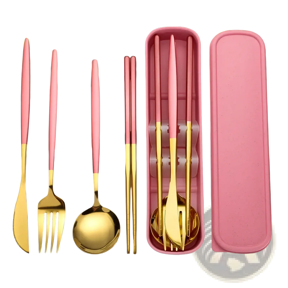 Portable stainless steel cutlery set with pink and gold utensils and matching pink case for easy transport